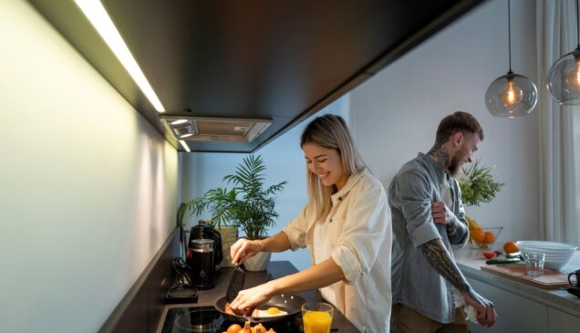 pareja cocinando en una cocina abierta